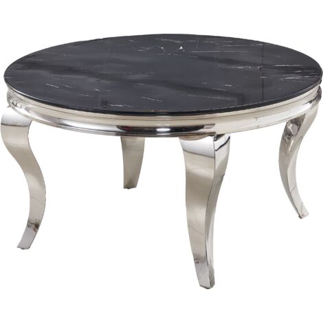Table Basse BAROQUE Ronde Plateau Verre Trempé Marbré Noir Structure Chrome D80x45cm (1/5)
