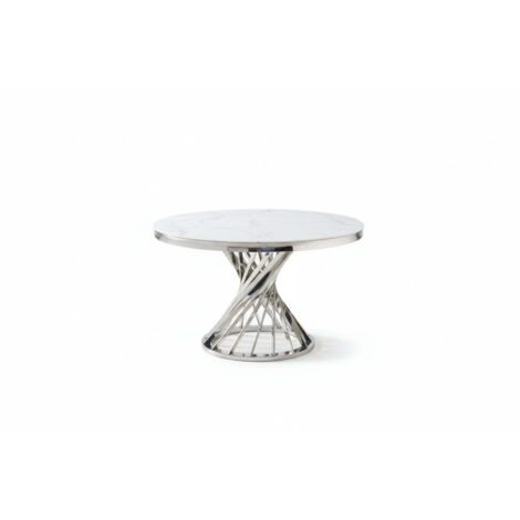 Table à manger ronde en verre trempé effet marbre blanc Chrome - NAUTILUS