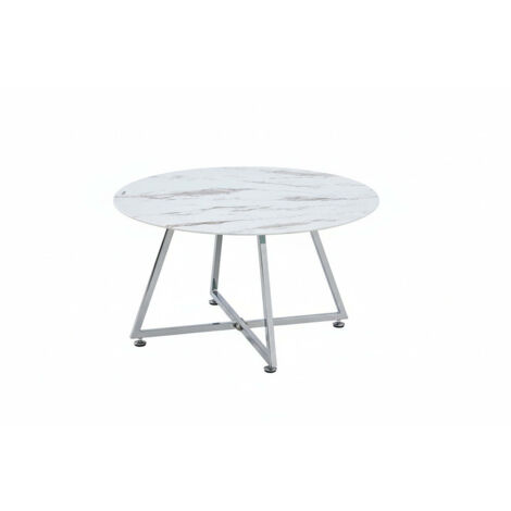 Table Basse Ronde HELOISE Métal Chrome Plateau Céramique Effet Marbre Blanc D80xH45cm (1/5)