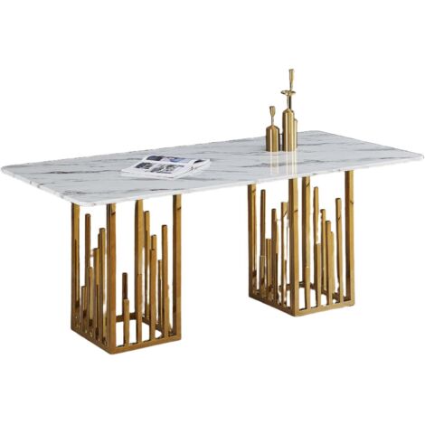 Table à Manger STALAX – Pied Gold & Pierre Marbre Blanc – 180x90x75 cm (1/2)
