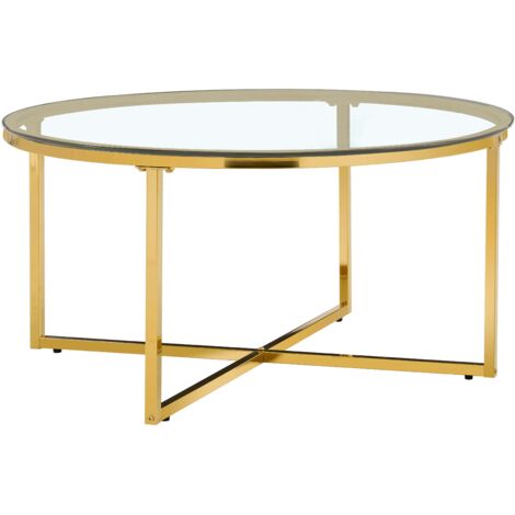 Table Basse LORIE Ronde Plateau Verre Trempé Transparent Structure Métal Gold D90x45cm (1/5)