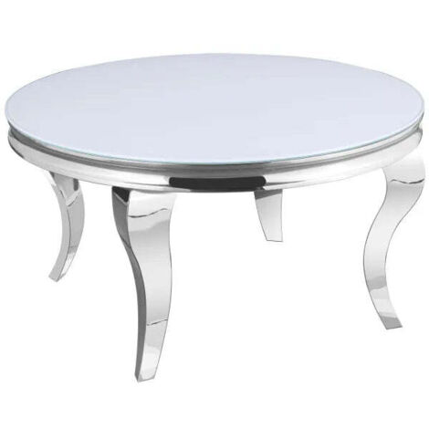 Table Basse BAROQUE Ronde Plateau Verre Trempé Blanc Structure Chrome D80x45cm (1/4)