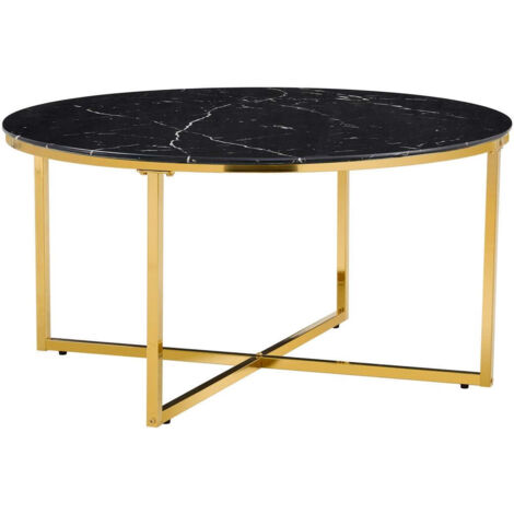 Table Basse LORIE Ronde Plateau Verre Trempé Marbré Noir Structure Métal Gold D90x45cm (1/5)