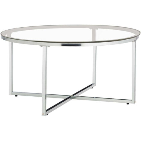 Table Basse LORIE Ronde Plateau Verre Trempé Transparent Structure Métal Chrome D90x45cm (1/5)