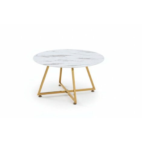 Table Basse Ronde HELOISE Métal Gold Plateau Céramique Effet Marbre Blanc D80xH45cm (1/5)