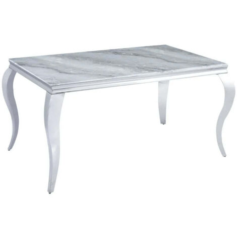 Table à manger BAROQUE 4 à 6 couverts pieds chrome plateau en verre 150x90 cm effet marbré greige (1/3)