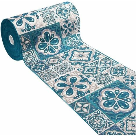 Tapis de Cuisine Tissu Gobelin Coureur Lavable Antidérapant Majolique Bleu - 52x190 cm