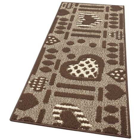 Tapis de Cuisine Moderne Coureur Bordé Absorbant Antidérapant Lavable 3D Coeurs Marron - 57x170 cm