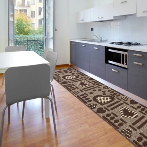 Tapis de Cuisine Moderne Coureur Bordé Absorbant Antidérapant Lavable 3D Coeurs Marron - 57x170 cm