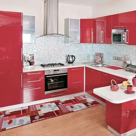 Tapis Antidérapant Cuisine Bordé Au Mètre H57 Tapis Entrée Lavable Fantaisie Feuilles - Rouge
