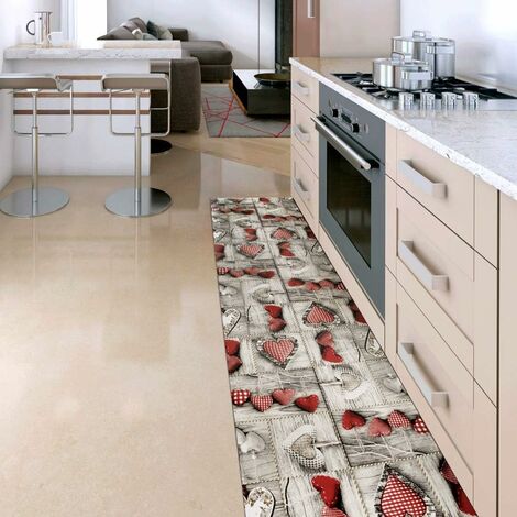 Tapis de Cuisine gomme Pvc Duveteux Antidérapant Résistant aux taches Différentes Tailles Shabby Chic Coeurs - 50x40 cm