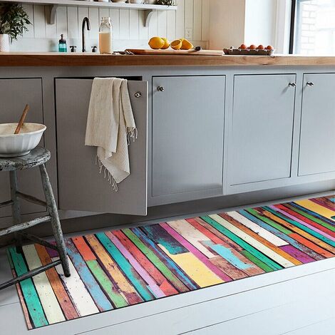 Tapis De Cuisine En PVC AntiTaches Motif Bandes Colorées Decoupable Antidérapant Lavable - 51x80 cm