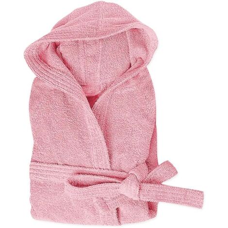 Peignoir Eponge 100% Coton Couleur Unie Doux Homme Femme Ceinture Poches Capuche Rose - XL