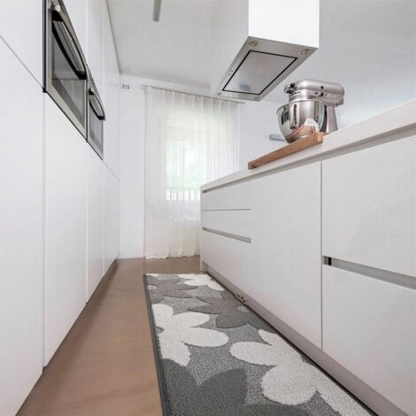 Tapis de Cuisine Fleurs 3D Doux Bordé Moderne Coureur Antidérapant Gris - 57x180 cm