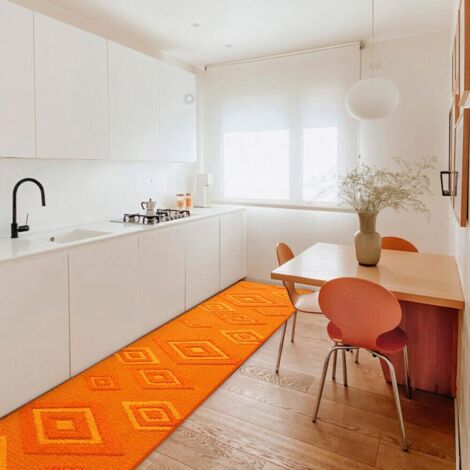 Tapis de Cuisine Losanges 3D Doux Bordé Moderne Coureur Antidérapant Orange - 57x40 Cm