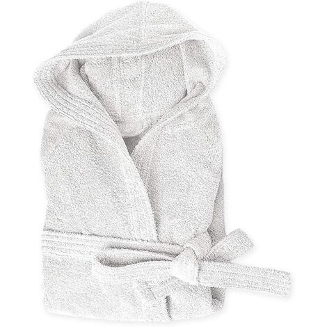 Peignoir Eponge 100% Coton Couleur Unie Doux Homme Femme Ceinture Poches Capuche Blanc - XXL