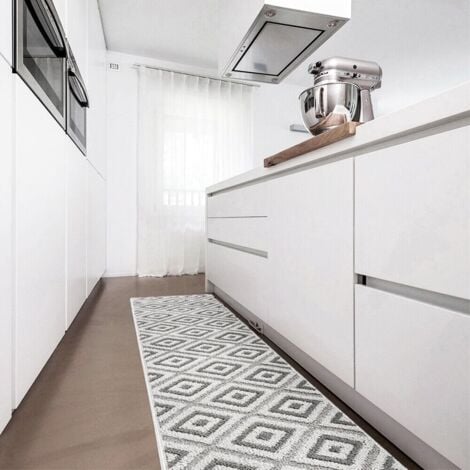 Tapis de Cuisine Doux Bordé Moderne Coureur Antidérapant Losanges 3D Gris - 50X190 Cm