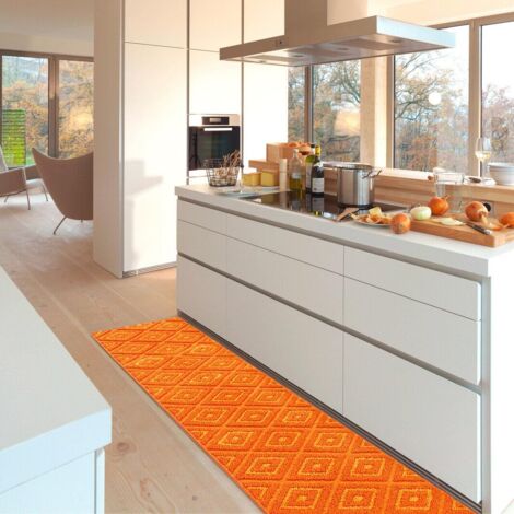 Tapis de Cuisine Doux Bordé Moderne Coureur Antidérapant Losanges 3D Orange - 50X40 Cm
