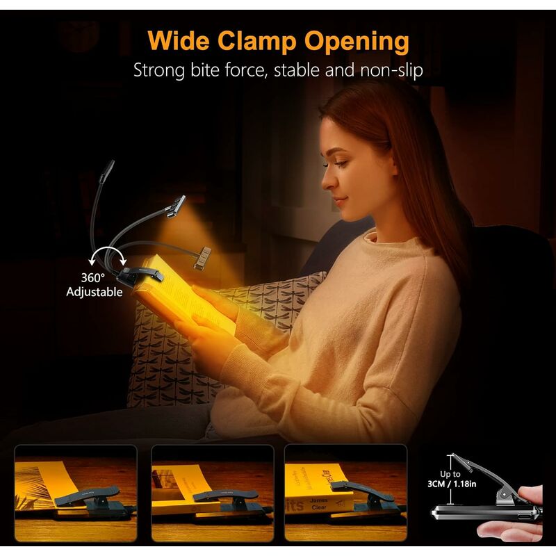 Lampe de Lecture 19 LED, Protection des yeux, Lampe Clip Rechargeable,  Flexible