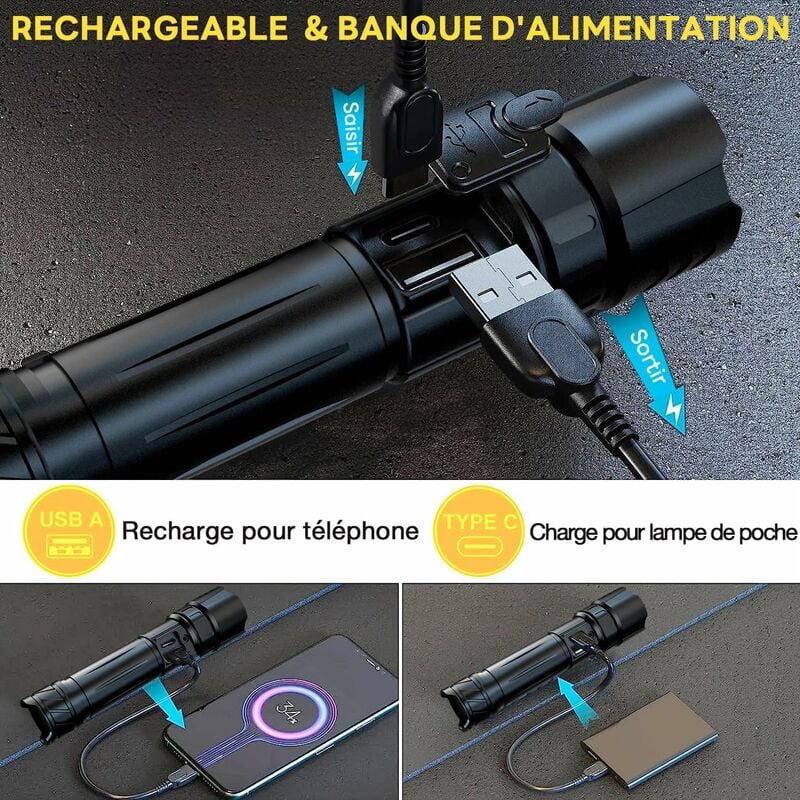 Lampe Torche LED Ultra Puissante, 20000LM Lampe de Poche Rechargeable, Lampe  Torche Tactique, 5000mAh Batterie, IPX6 Étanche, 5 Modes & Zoomable pour  Enfant/Camping/Urgence(avec 3 Piles AAA)