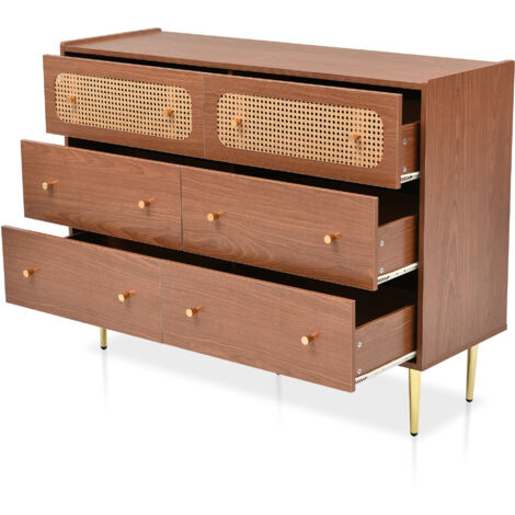 Commode à tiroirs avec 6 tiroirs, buffet haut en rotin pour chambres et tous les salons, noyer -H90/L120/P40 cm