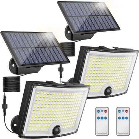 Lampes solaires d'extérieur 202 LED avec détecteur de mouvement, étanchéité IP65, angle d'éclairage 120 °, Lot de 2 applique murale solaire pour jardin avec câble de 5 m
