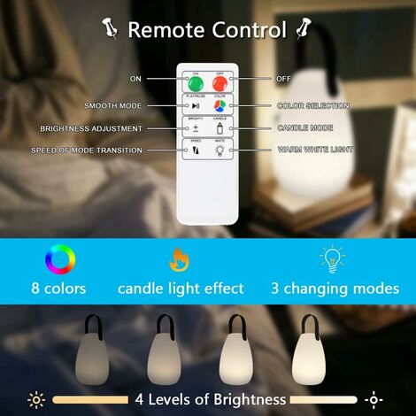 Lampe de Table Extérieure Rechargeable LED 8 Couleurs Dimmable Lampe de Table Sans Fil avec Télécommande, 4 Niveaux d'intensité Variable, IP44 étanche pour Chambre Jardin Patio
