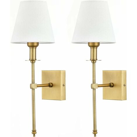 2 Pack Appliques Murales avec Abat-jour en Tissu Blanc, Lampe Murale Interieur Salle de Bain Métal Or, Classique Luminaire Applique pour Chambre Salon Couloir, Douille d'Ampoule E27