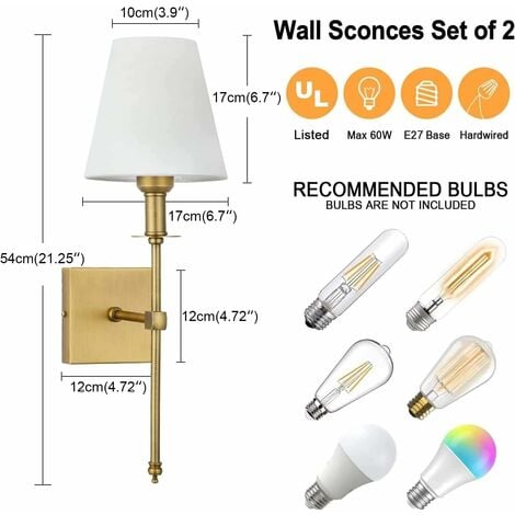 2 Pack Appliques Murales avec Abat-jour en Tissu Blanc, Lampe Murale Interieur Salle de Bain Métal Or, Classique Luminaire Applique pour Chambre Salon Couloir, Douille d'Ampoule E27