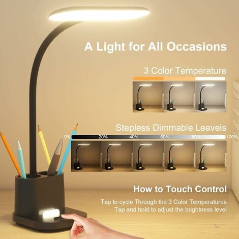 Lampe de Bureau, LED Lampe de Bureau Rechargeable avec Porte Stylo  Téléphone,Contrôle Tactile 3 Modes de Couleur Lumière & Luminosité  Dimmable,Cygne