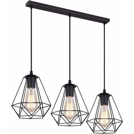 3 Lampes Suspension Vintage, 20cm Lustre Suspension en Métal Abat-jour Luminaire en Forme Dimant de Cage avec Support en Barre, Noir (3 lumières - 50cm)