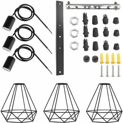 3 Lampes Suspension Vintage, 20cm Lustre Suspension en Métal Abat-jour Luminaire en Forme Dimant de Cage avec Support en Barre, Noir (3 lumières - 50cm)