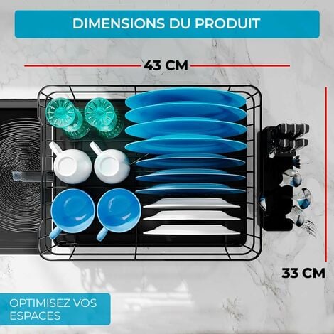 Égouttoir à Vaisselle INOX - Egoutoire Vaisselle Cuisine GRAND RANGEMENT - Egouttoir Evier Avec Drainage EXTENSIBLE et PIVOTANT à 360º - Egoutoir Seche Vaisselle Sur (Noir)