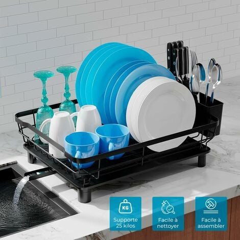 Égouttoir à Vaisselle INOX - Egoutoire Vaisselle Cuisine GRAND RANGEMENT - Egouttoir Evier Avec Drainage EXTENSIBLE et PIVOTANT à 360º - Egoutoir Seche Vaisselle Sur (Noir)