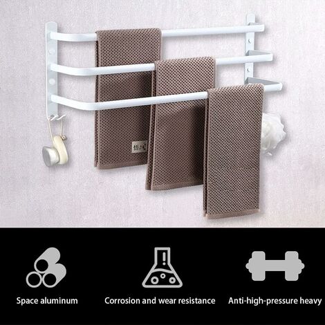 Porte-Serviettes Mural HONPHIER Porte Serviette Salle de Bain étagère Serviette avec Crochets Porte-Serviettes Aluminium étagère Serviette pour Cuisine, Salle de Bains, Hôtel (Blanc, 60CM)
