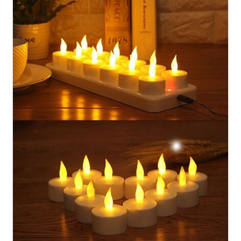 Lot de 12 Bougie LED Rechargeable Bougie Électrique LED Flamme Vacillante avec Station de Charge Décoration pour Noël Anniversaire Mariage Dîner Votive Table Café Bar Restaurant Hôtel