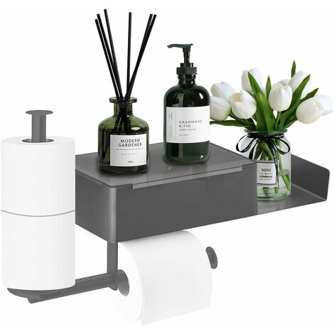 Porte Papier Toilette, Support Papier Toilette Mural sans Perçage avec Étagères et Boîte à Lingettes Humides, Porte Rouleau Papier Toilette avec 2 Porte Rouleau pour Salle de Bain et Cuisine, Gris