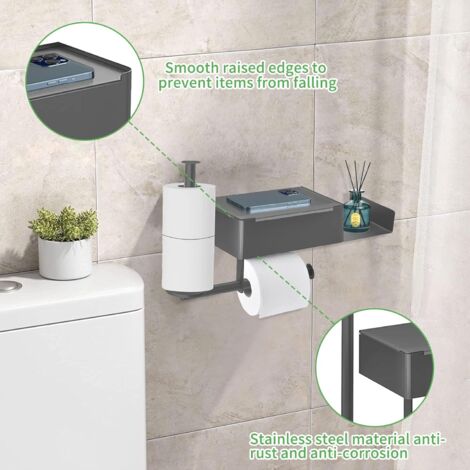 Porte Papier Toilette, Support Papier Toilette Mural sans Perçage avec Étagères et Boîte à Lingettes Humides, Porte Rouleau Papier Toilette avec 2 Porte Rouleau pour Salle de Bain et Cuisine, Gris