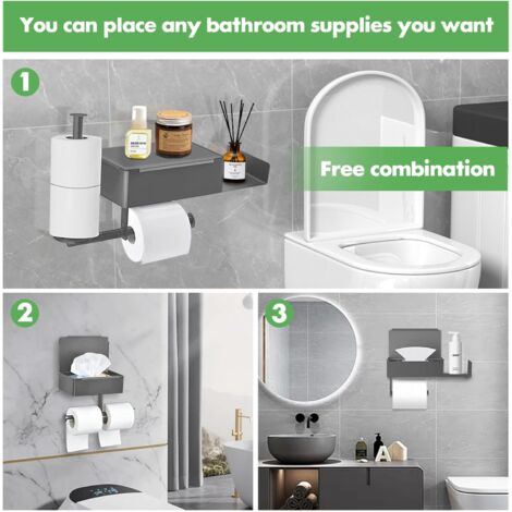 Porte Papier Toilette, Support Papier Toilette Mural sans Perçage avec Étagères et Boîte à Lingettes Humides, Porte Rouleau Papier Toilette avec 2 Porte Rouleau pour Salle de Bain et Cuisine, Gris