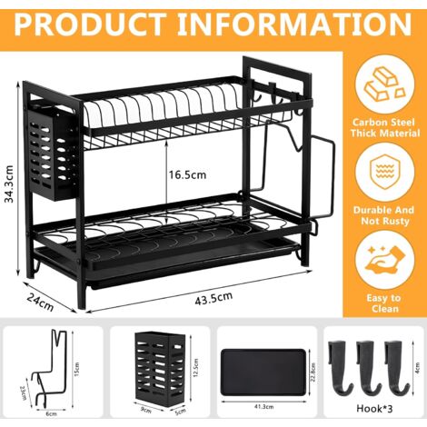 Egoutoire Vaisselle Cuisine à 2 Niveaux, Égouttoir Vaisselle Noir, Égouttoir Vaisselle en INOX, Égouttoir à Vaisselle avec Porte-ustensiles et bac d'égouttement