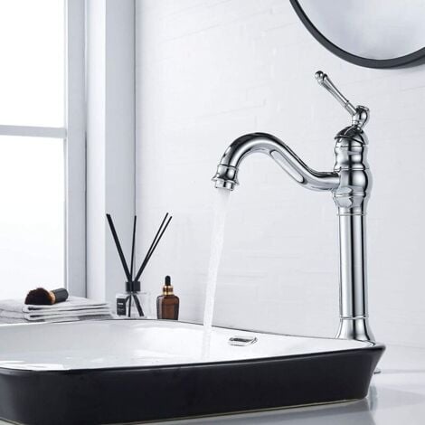 Robinet Lavabo Rétro Pivotant à 360° Mitigeur Monocommande Salle de Bain Bec Haut Eau Froide et Chaude Disponible Chrome,DEBUNS