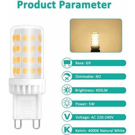 Ampoules LED G9 5W, Equivalente 40W 50W Halogène Lumière, 450LM, Blanc Neutre 4000K, AC 220V, Culot G9 Standard, économie d'énergie, pour Ceiling Lighting, Kitchen, Chambre, Salon, Pack de 10,DEBUNS