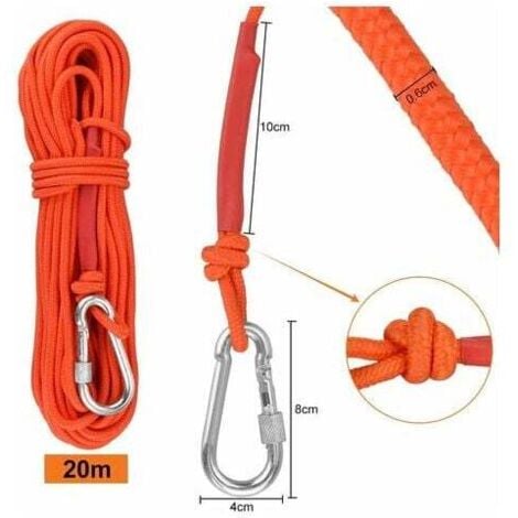 Corde tressée en polypropylène Cordes d'escalade 20M avec mousqueton Protection UV Anti-moisissure Anti-corrosion Multifonctionnel pour Pêche Alpinisme Camping Sauvetage Randonnée - Orange,DEBUNS