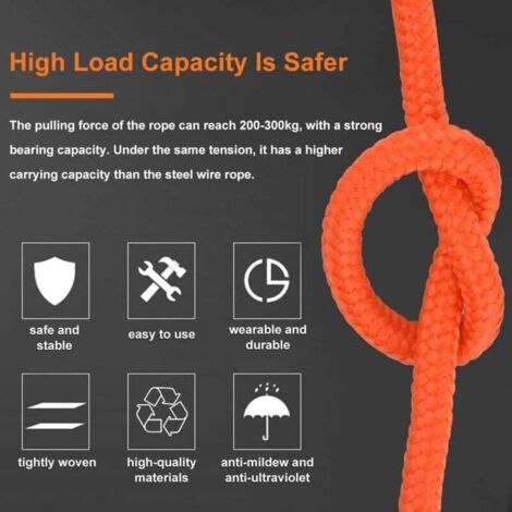 Corde tressée en polypropylène Cordes d'escalade 20M avec mousqueton Protection UV Anti-moisissure Anti-corrosion Multifonctionnel pour Pêche Alpinisme Camping Sauvetage Randonnée - Orange,DEBUNS