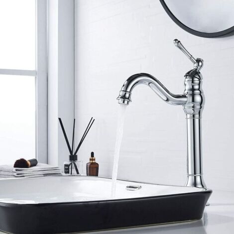 Robinet Lavabo Rétro Pivotant à 360° Mitigeur Monocommande Salle de Bain Bec Haut Eau Froide et Chaude Disponible Chrome..DEBUNS