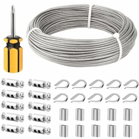 Cable Inox 3mm,50M/3mm Corde en Acier Inoxydable,Cable en Acier Revêtu avec Serre-Câbles,M3 Manchons,Cosses en Acier Inoxydable,3mm Cable Métallique pour Fil a linge,Cable de Garde Corps..DEBUNS