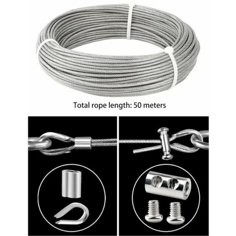 Cable Inox 3mm,50M/3mm Corde en Acier Inoxydable,Cable en Acier Revêtu avec Serre-Câbles,M3 Manchons,Cosses en Acier Inoxydable,3mm Cable Métallique pour Fil a linge,Cable de Garde Corps..DEBUNS