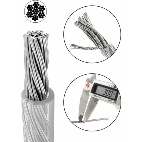 Cable Inox 3mm,50M/3mm Corde en Acier Inoxydable,Cable en Acier Revêtu avec Serre-Câbles,M3 Manchons,Cosses en Acier Inoxydable,3mm Cable Métallique pour Fil a linge,Cable de Garde Corps..DEBUNS