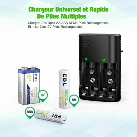 Chargeur de Piles Universel pour AA/AAA/9V, Chargeur Rapide 6802 pour Piles Rechargeables NI-MH AA/AAA ou 9V, avec Indicateur LED, Tension Mondiale...DEBUNS