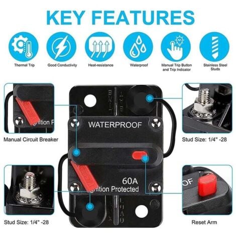 Disjoncteur éTanche, avec RéInitialisation Manuelle, 12V-48V DC, 60A, pour la Protection de L'Alimentation Du Bateau des Moteurs de PêChe à la TraîNe Marine de Voiture..DEBUNS